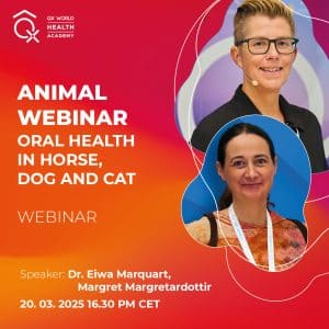 Folheto promocional do webinar sobre saúde animal com oradores.