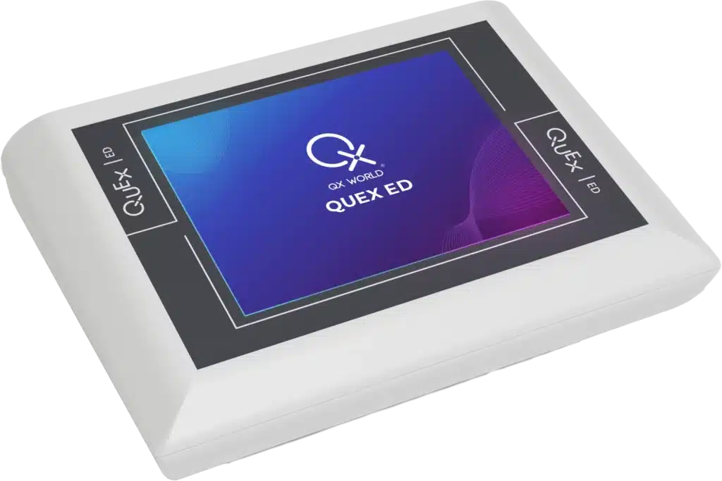 Modern digital tablet displaying QuexED logo