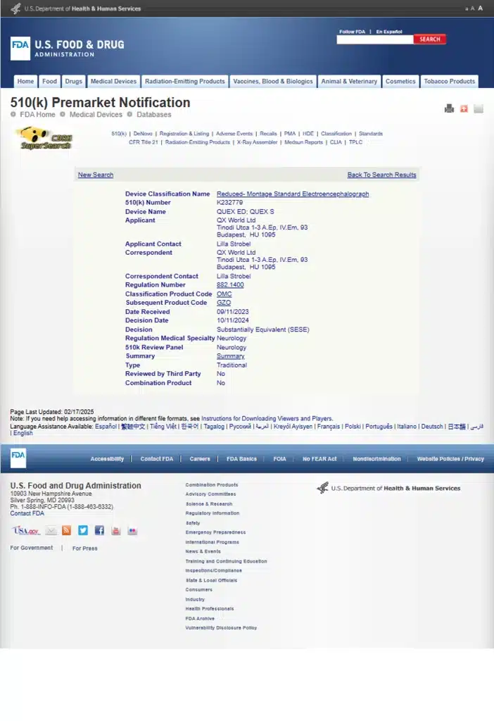 Screenshot of FDA 510(k) Premarket Notification page