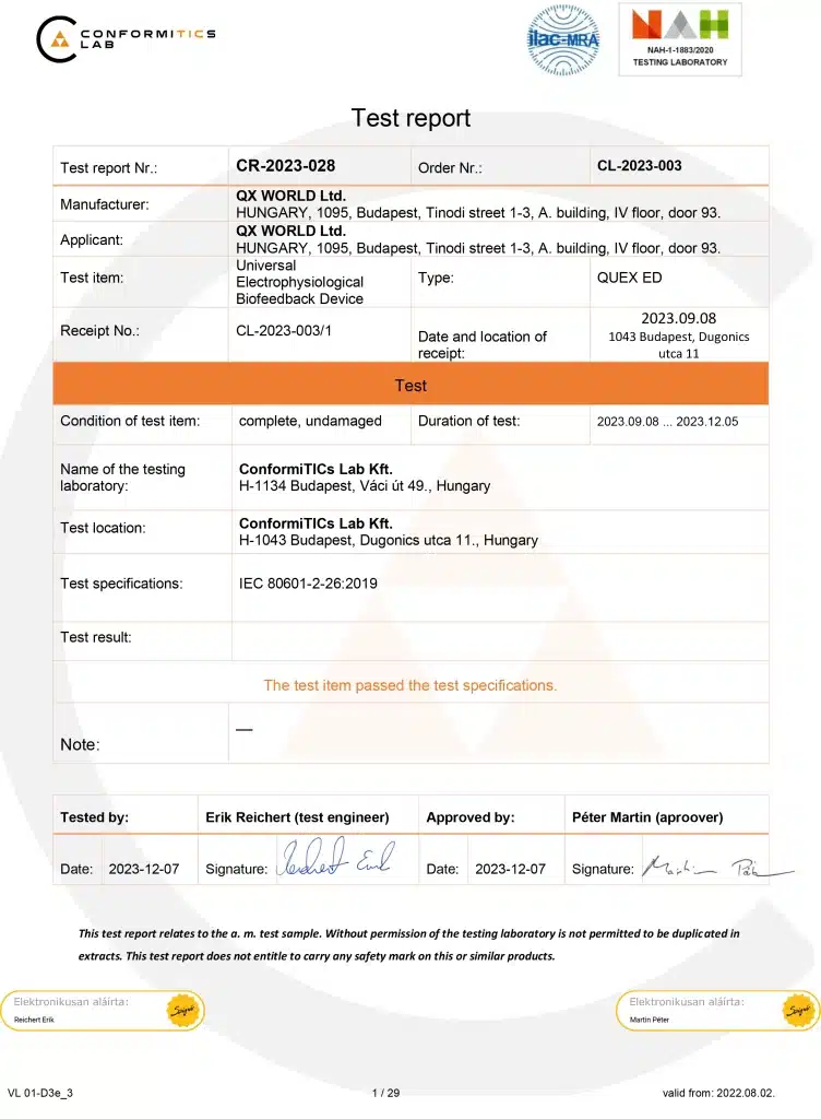 Sample test report document from ConformiTICs Lab