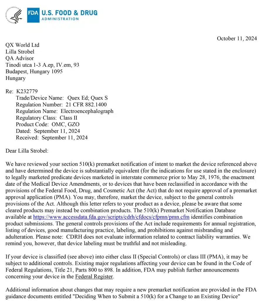 FDA letter to QX World Ltd regarding device premarket notification.