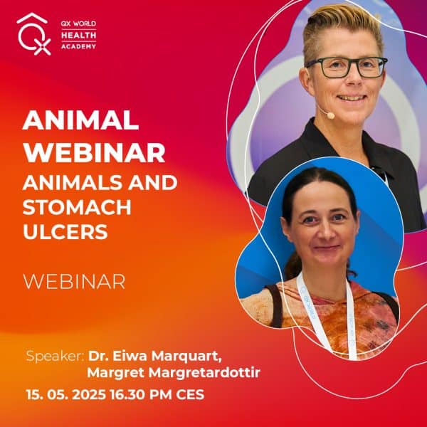 Webinar flyer on animals and stomach ulcers with speakers